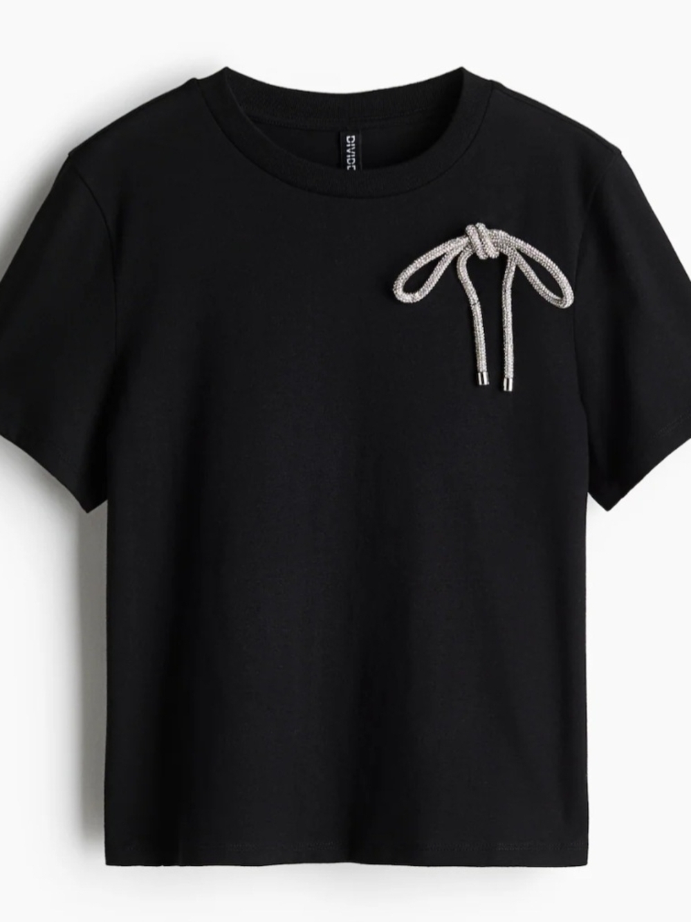 Divided Black T‑Shirt with Rhinestone Bow Accent